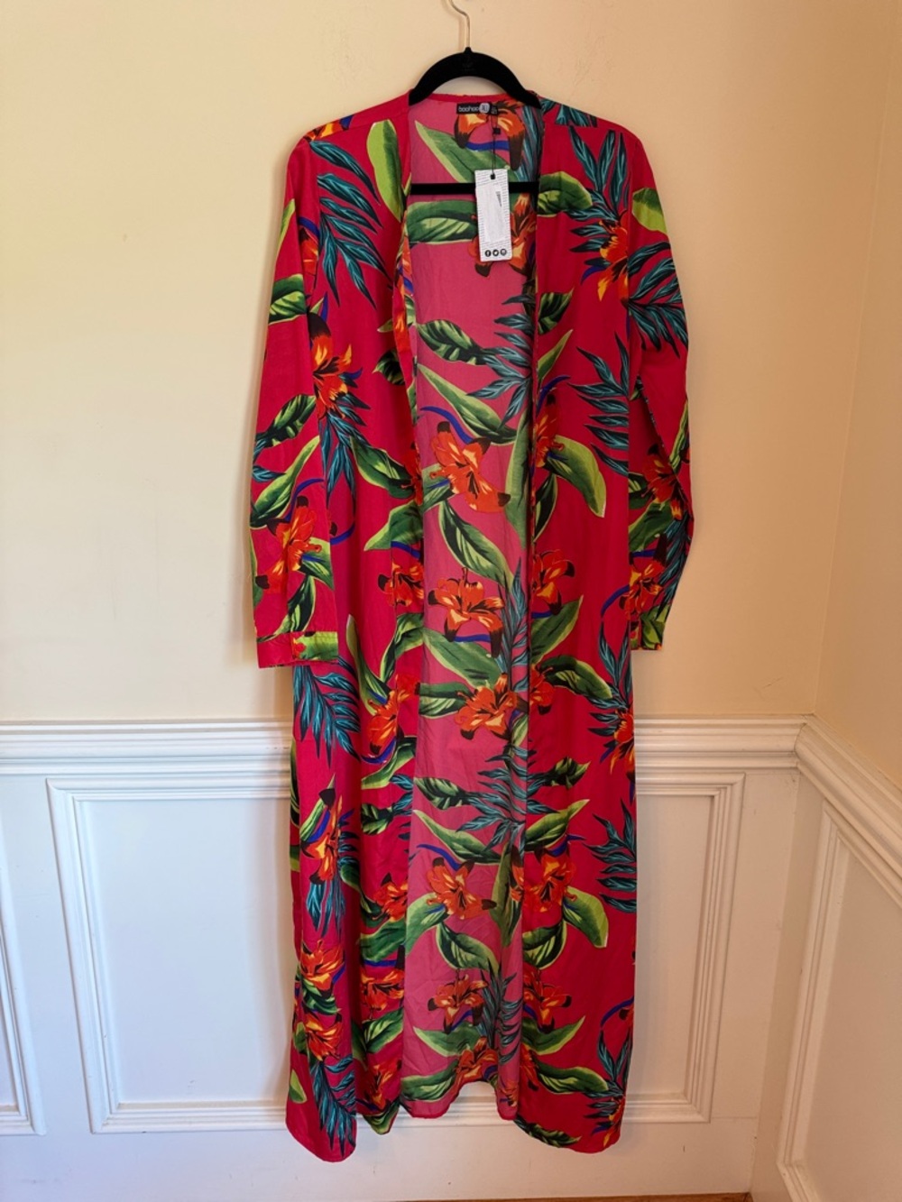 NWT Boohoo Tropical Floral Longline Duster Jacket β Red/Green β Sizeβ 8